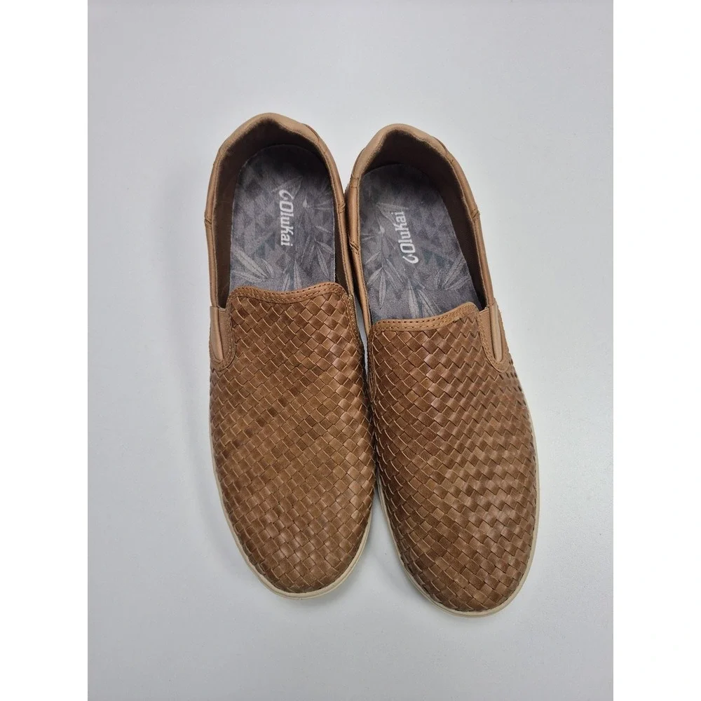 OluKai Lae'ahi Lauhala Shoes Mens Size 15 Brown Woven Leather Slip On Casual